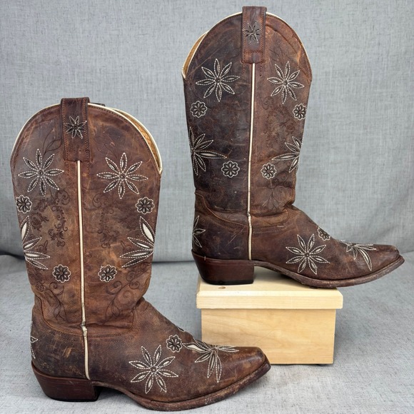 Shyanne Daisy Mae Cowboy Boots Brown Leather Stitching Tooled Women's Size 6.5 - Picture 2 of 11